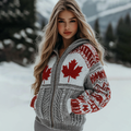 Women's Canada Maple Leaf Stripes Pattern Cozy Knit Zipper Hooded Sweater elevenforest