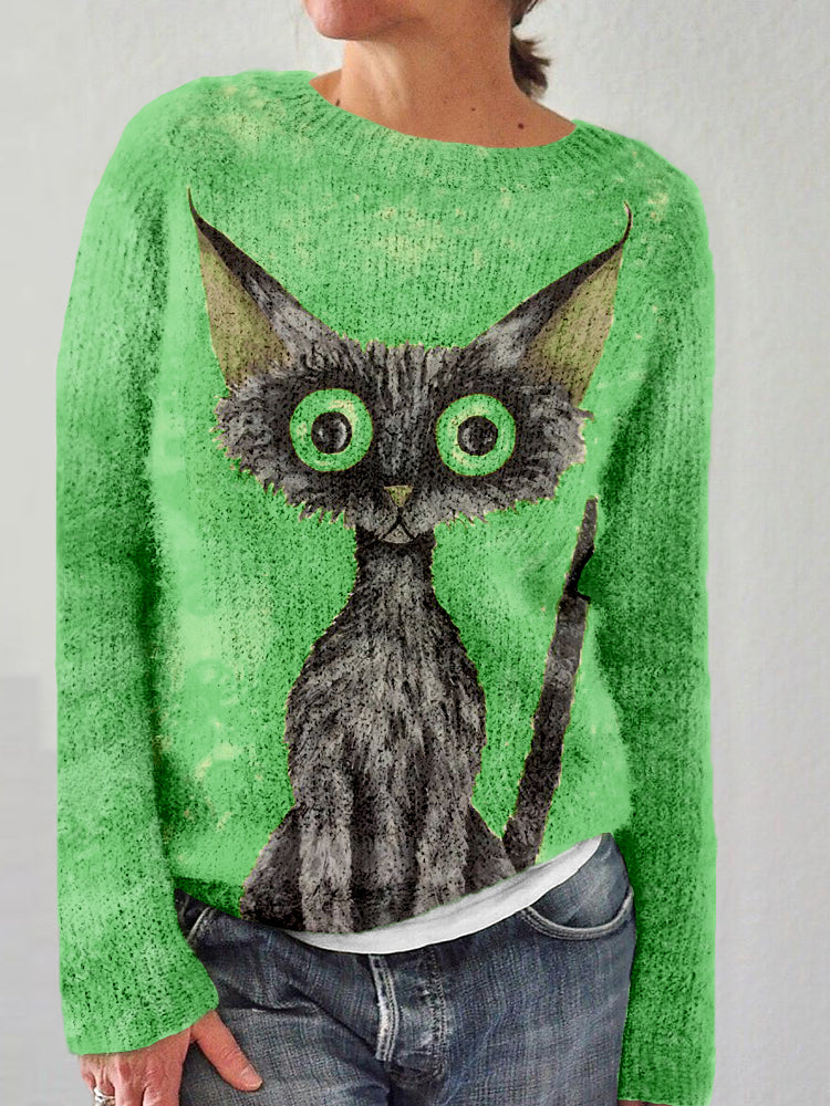 Lovely Black Cat Graphic Vintage Cozy Sweater elevenforest