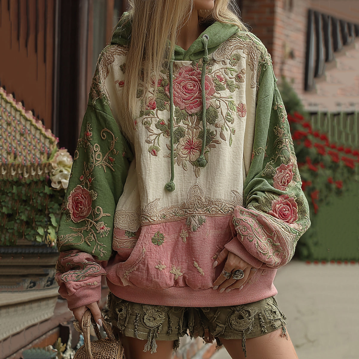 Love & Health Collection Classic Rose And Floral Art Linen Long Sleeve Hoodie elevenforest