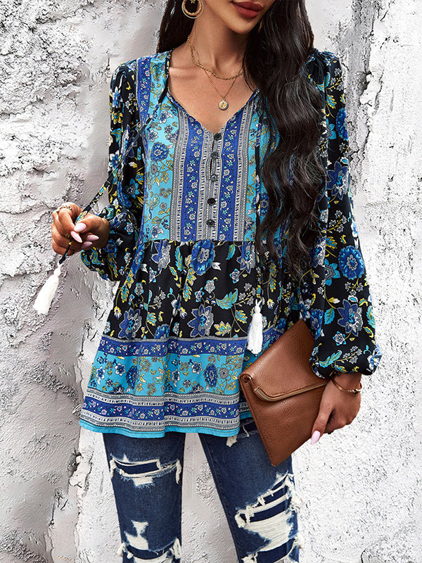 Long Sleeves Loose Buttoned Elasticity Flower Print Split-joint Tasseled V-neck Blouses&shirts Tops