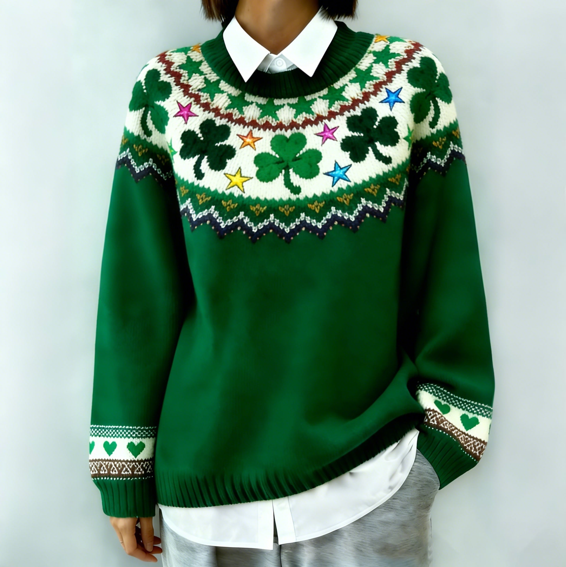 Comstylish Women's St. Patrick's Day Shamrock Pattern Warm Knit Sweater