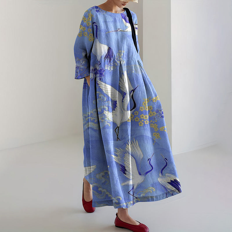 Comstylish Women's Japanese Style Crane Art Pattern Casual Linen Dress
