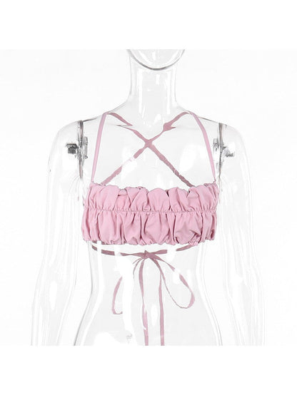 Pink Ruffle Vest Pleated Camisole Crop Top