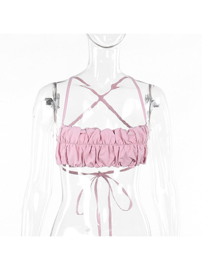 Pink Ruffle Vest Pleated Camisole Crop Top