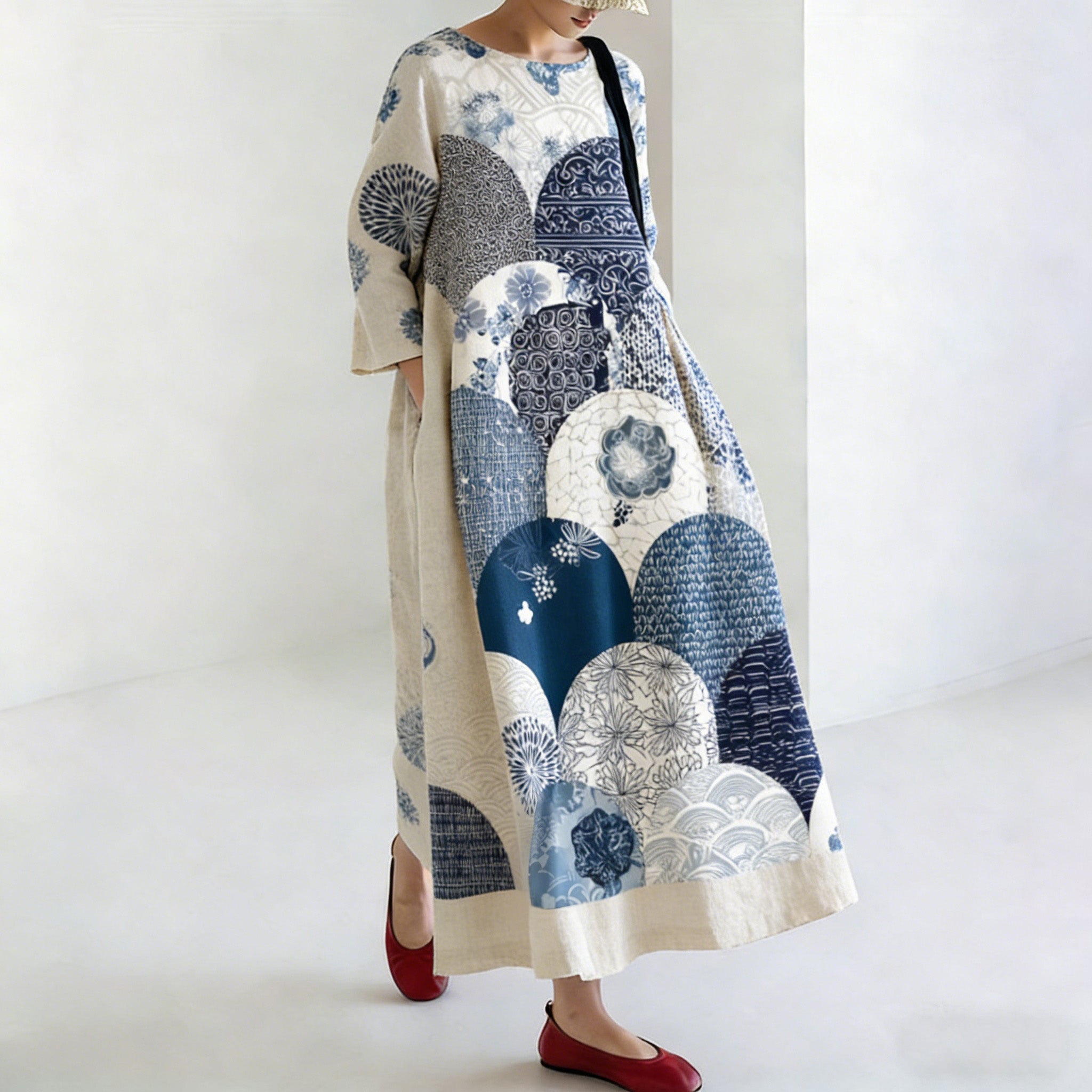 Comstylish Women's Japanese-style Linen Dress With Geometric And Floral Patterns