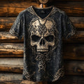 Men's Viking Celtic Skull Runes Washed Linen T-shirt elevenforest