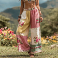 Women's Vintage Floral Art Linen Casual Wide Leg Pants elevenforest