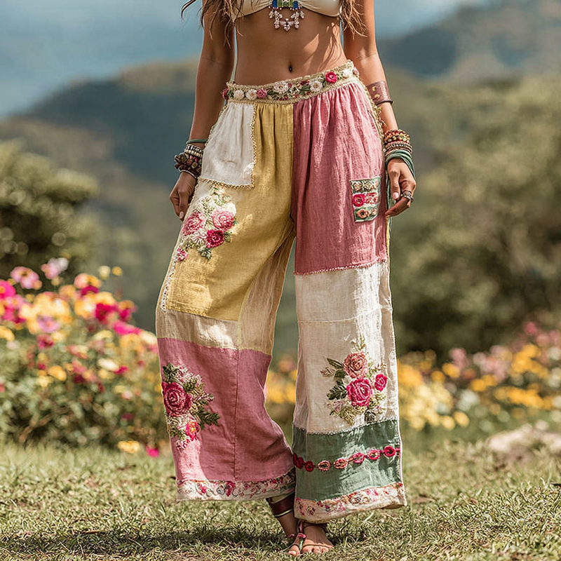 Women's Vintage Floral Art Linen Casual Wide Leg Pants elevenforest