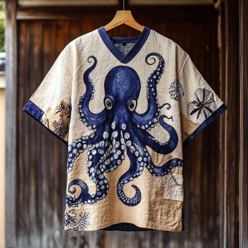 Retro Japanese Octopus Pattern Art Linen Blend Dress elevenforest