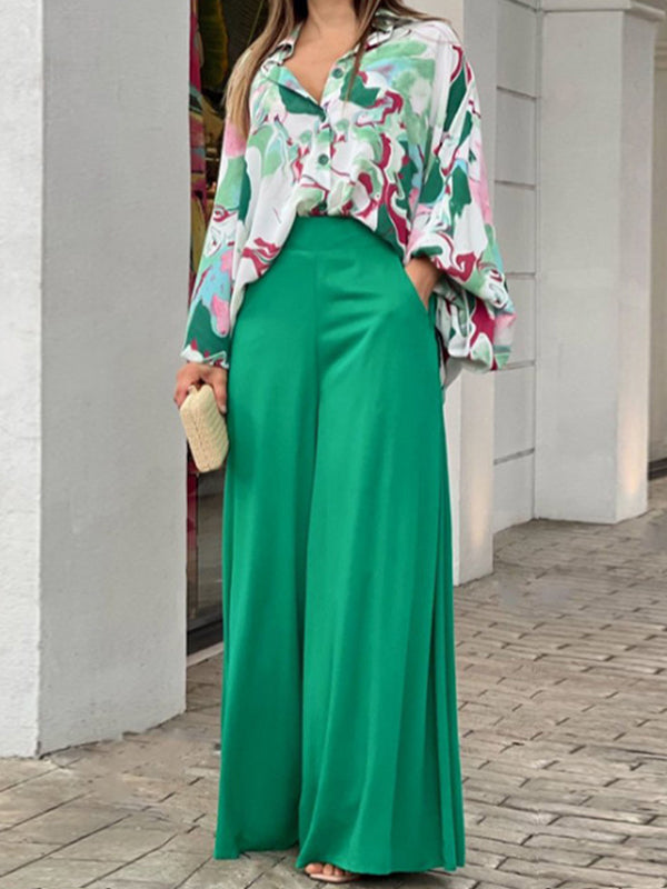 Long Sleeves Printed Blouses + High-waisted Color Wide Leg Pants Trousers Two Pieces Set