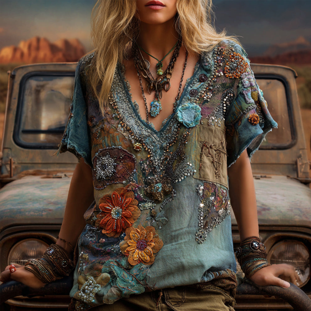 Western-style Swaying Silesian Flower V-neck Short-sleeved Top elevenforest