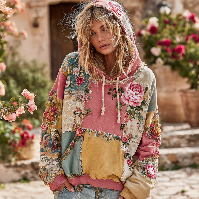 Vintage Rose Floral Patch Comfortable Warm Hoodie elevenforest
