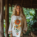Retro Bohemian Resort Linen Art Embroidery Print Cotton And Linen Blend Loose Blouse elevenforest