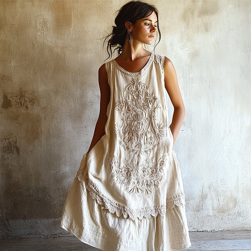 Vintage Floral Lace Art Linen Comfy Tank Dress elevenforest