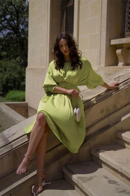 Mid Sleeve Midi Dress With Belt