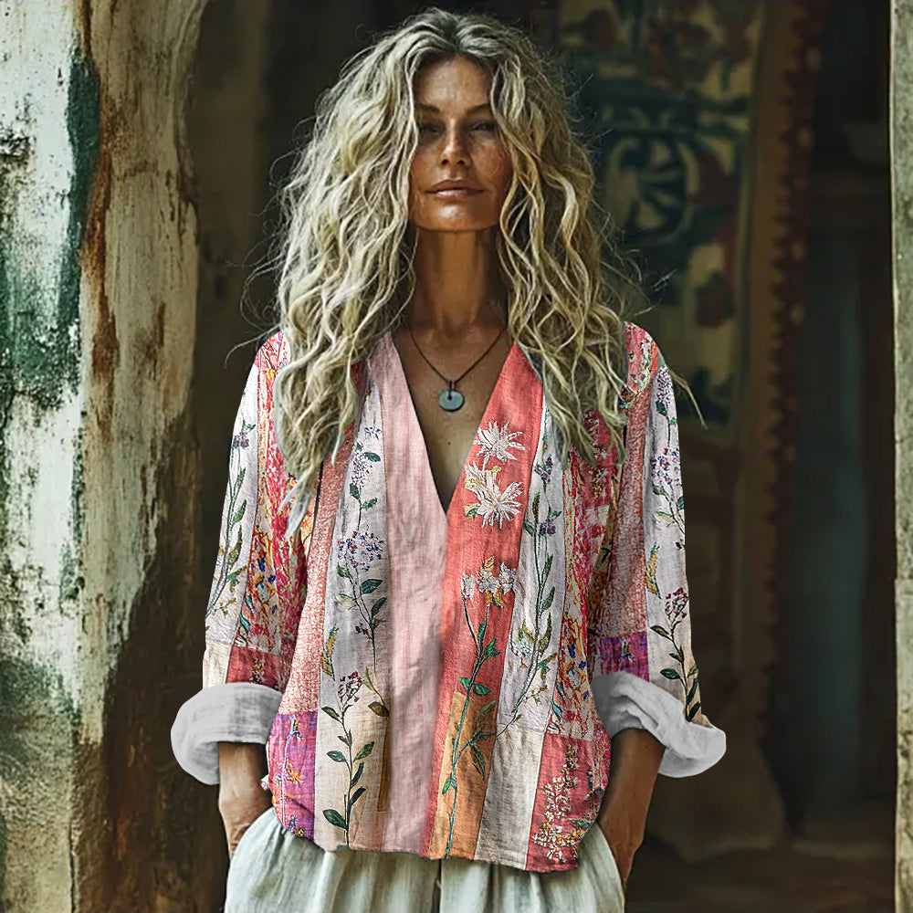 Comstylish Vintage Boho Bohemian Ethnic Floral Patchwork Linen V-neck Tunic
