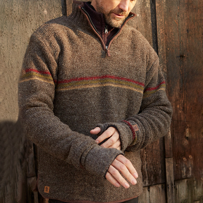 Vintage Warmth Chest Stripes Knit Jacquard Icelandic Half Zip Collar Sweater（Unisex ） elevenforest