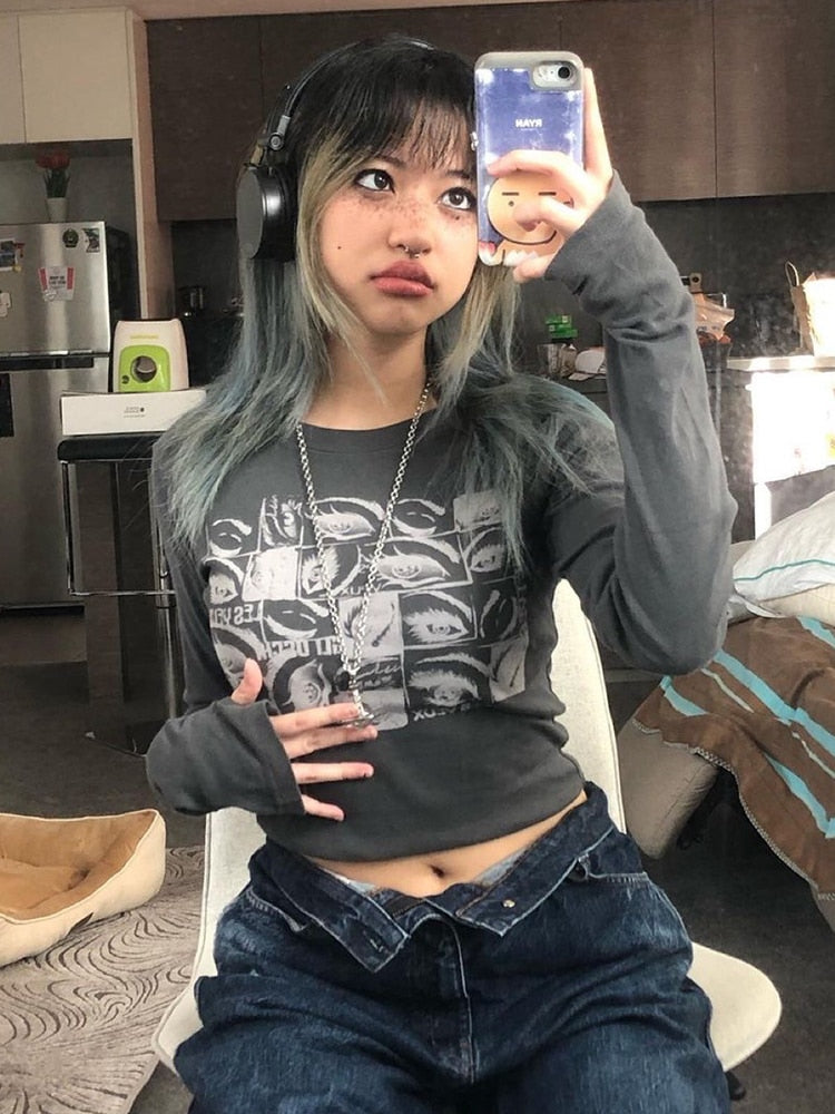 Retro Eyes Print Tops Fairy Grunge Graphic Spring T Shirts Indie Aesthetic Clothes Cyber Y2k Slim Long Sleeve Top