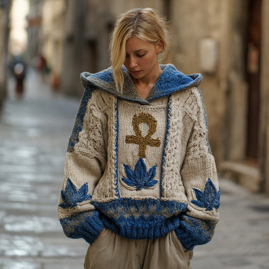 Comstylish Women's Ancient Egyptian Ankh And Lotus Knitted Hooded Sweater