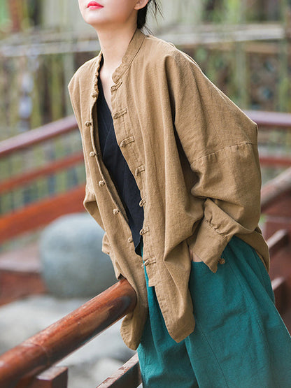 Batwing Sleeves Loose Chinese Frog Buttons Pleated Color Split-joint Stand Collar Blouses