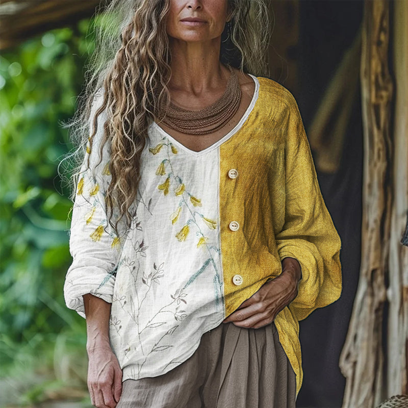 Cottage Floral Contrast Color Patchwork Linen Tunic elevenforest