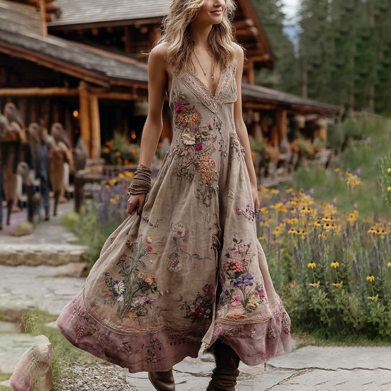 Women's Embroidery Floral Art V Neck Comfy Sleeveless Maxi Dress elevenforest