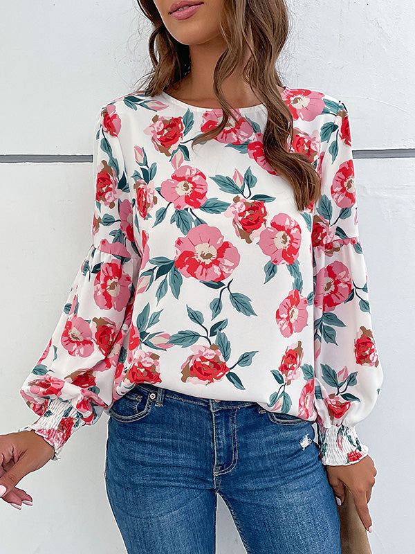 Long Sleeves Loose Elasticity Flower Print Round-neck Blouses&shirts Tops