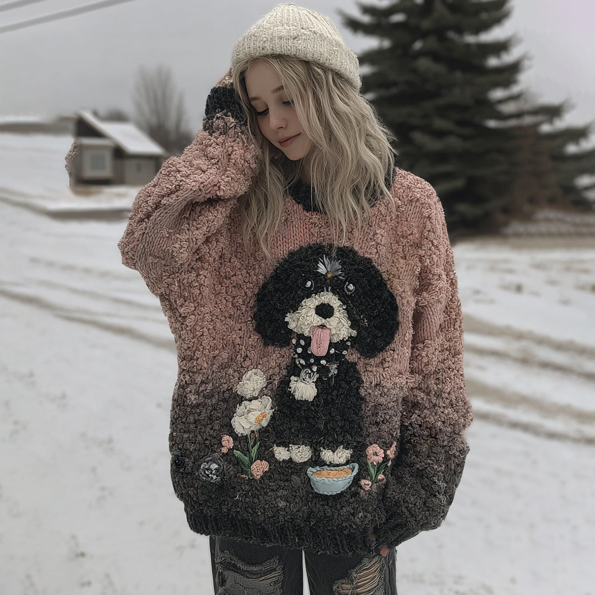 Cute Fuzzy Puppy Flower Gradient Art Cozy Hooded Sweater