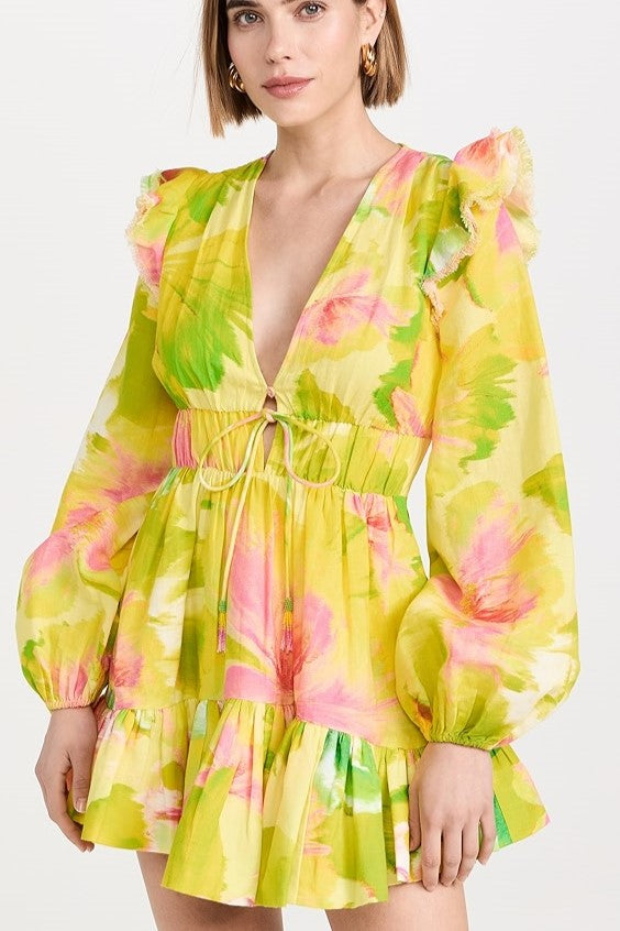 V-neck Frill Lantern Sleeve Mini Dress