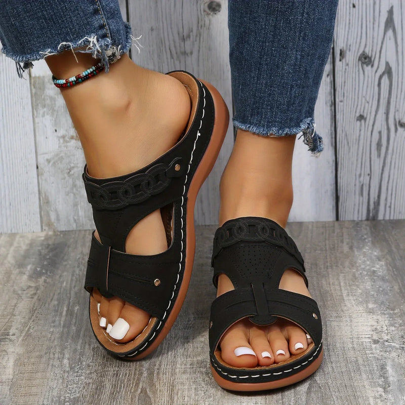 Retro Low Wedge Slippers, Cut-out Open Toe Non Slip Arch Support Slides Shoes, Outdoor Slippers Se1037