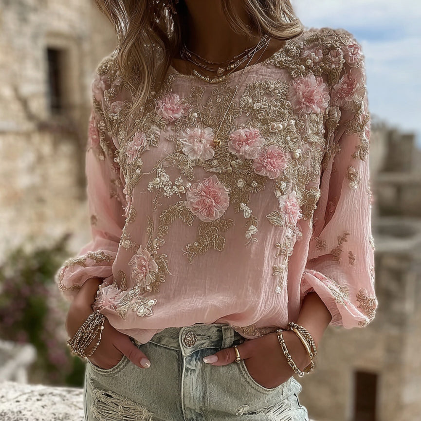 Women's Pink Flower Embroidery Art Print Round Neck Long Sleeve T-shirt elevenforest