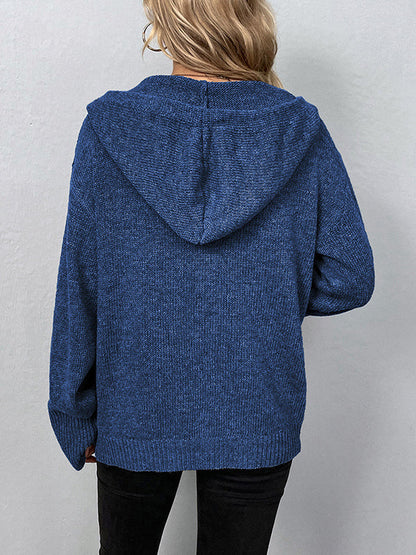 Wrap Buttoned Hooded Color Cardigan