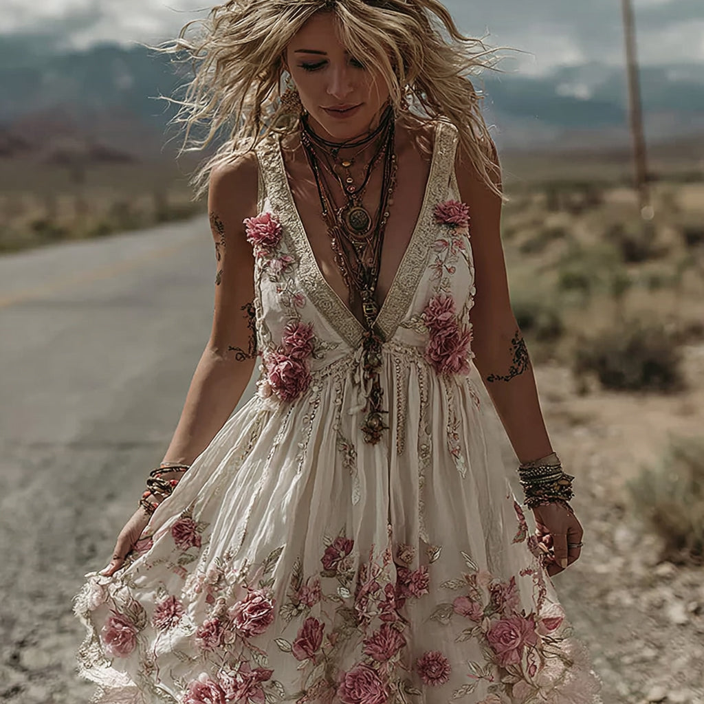 Women's Vintage Rose Floral Embroidery Casual Sleeveless Dress elevenforest