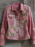 Vintage Pink Flowers Embroidered Lace Patch Washed Denim Jacket elevenforest