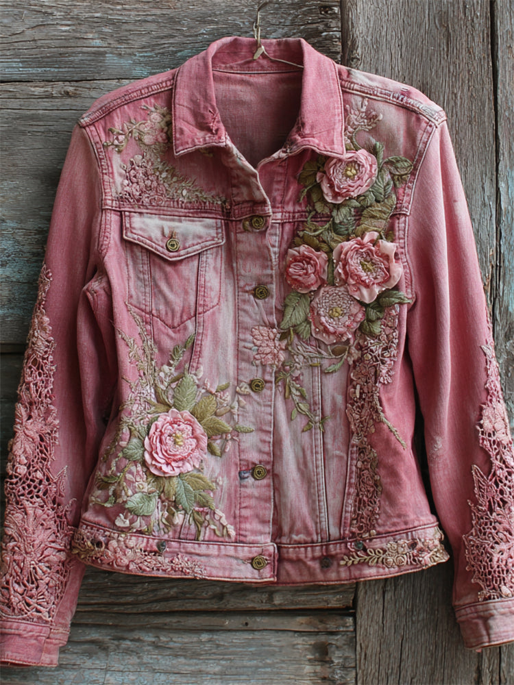 Vintage Pink Flowers Embroidered Lace Patch Washed Denim Jacket elevenforest