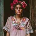 Day Of The Dead Pink Sugar Skull Floral Embroidered Linen Shirt elevenforest