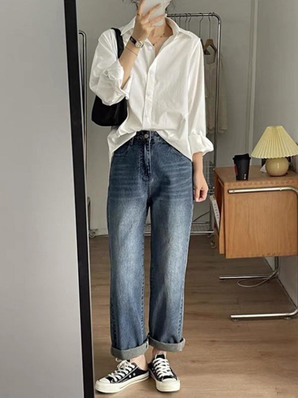 Long Sleeves Loose Color Split-side Lapel Blouses