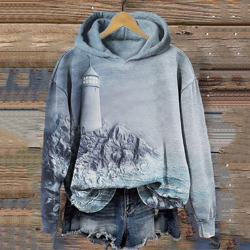 Comstylish Dreamy Lighthouse Seascape Relief Art Hoodie