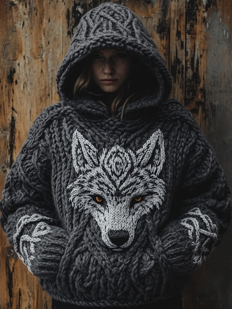 Viking Wolf Inspired Celtic Chunky Cozy Hooded Sweater elevenforest