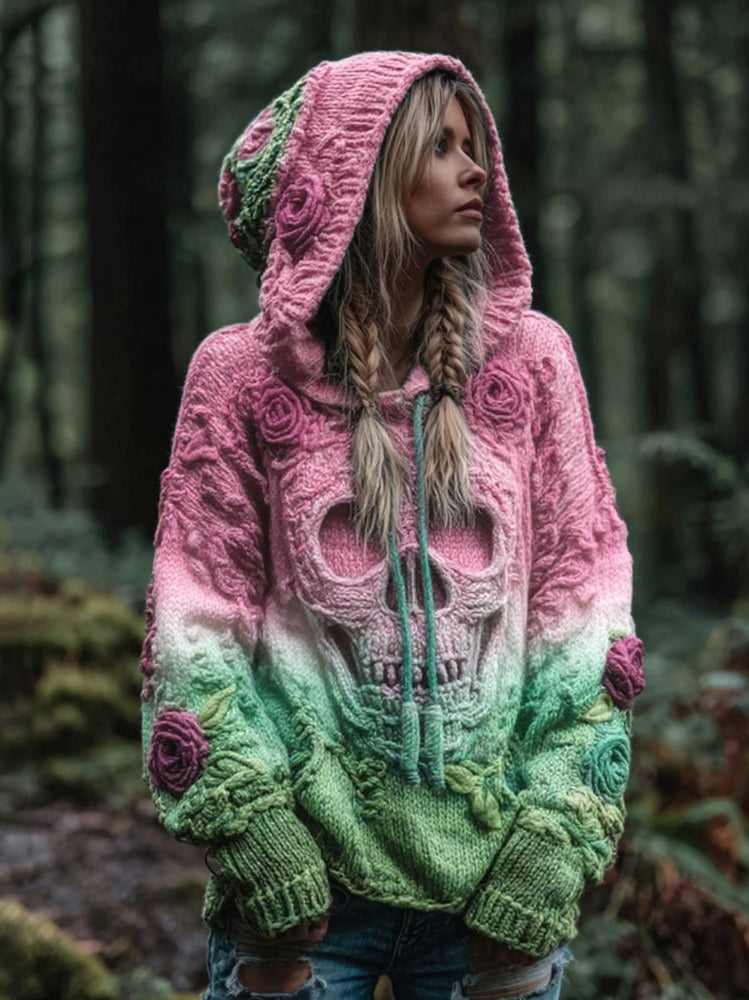 Women's Vintage Viking Skull And Rose Gradient Art Knit Hooded Sweater elevenforest