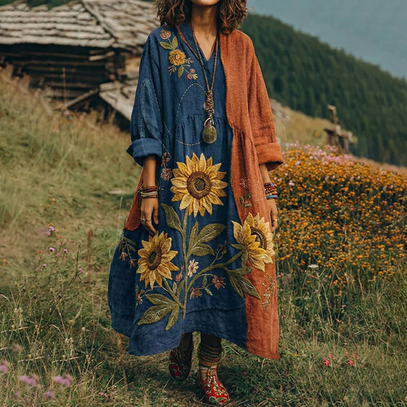Women's Vintage Sunflower Floral Patchwork Flowy Linen Maxi Dress elevenforest