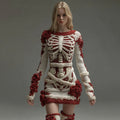 Comstylish Women's Halloween Skeleton Bones With Rose Art Cozy Knit Mini Sweater Dress