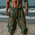 Men's Bohemian Vintage Jörmungandr Runes Inspired Art Graphic  Linen Blend Wide Leg Pants elevenforest