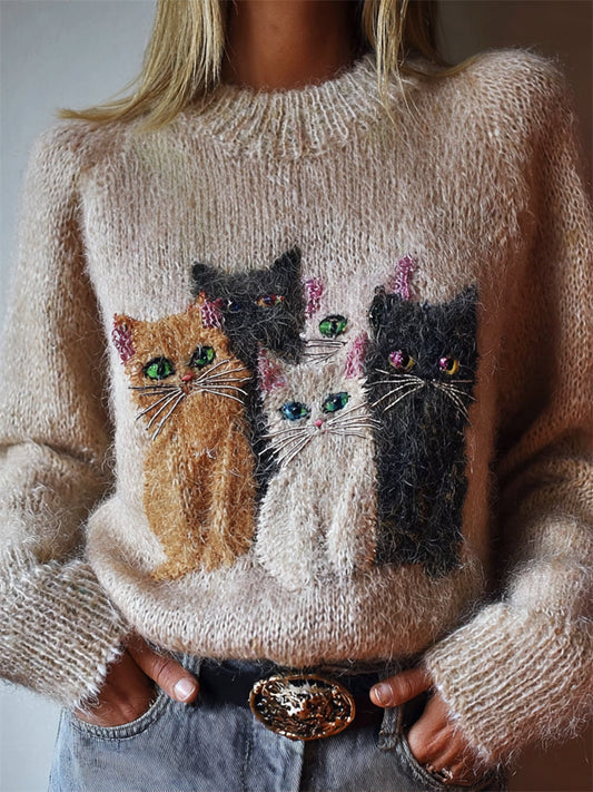 Lovely Cats Embroidered Knit Cozy Sweater