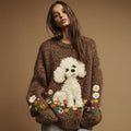 Comstylish Vintage Dog Colorful Wildflower Embroidery Crochet Cozy Knit Sweater