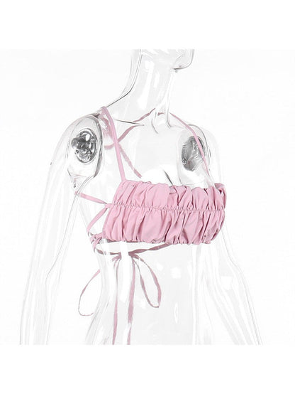 Pink Ruffle Vest Pleated Camisole Crop Top