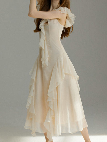 French Ruffles Midi Dress Summer New Sleeveless V-neck Holiday Beach Style A-line Party Prom Robe Vestido Mujer