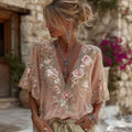 Women's Pink Flower Embroidered Art V-neck Short Sleeve Linen Blend T-shirt elevenforest