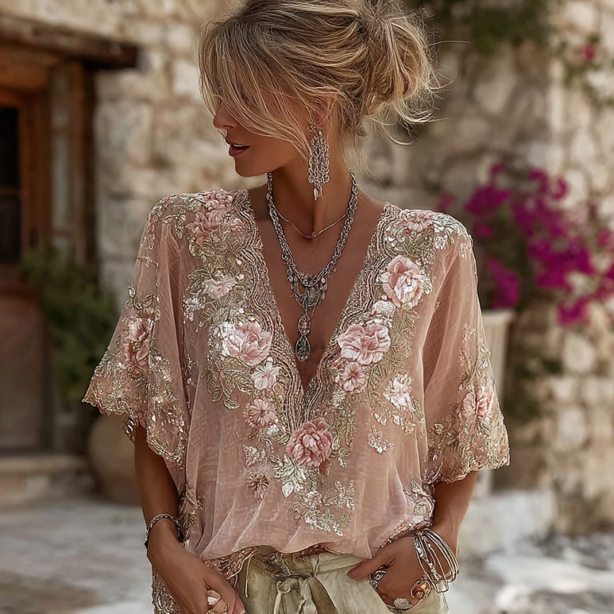 Women's Pink Flower Embroidered Art V-neck Short Sleeve Linen Blend T-shirt elevenforest