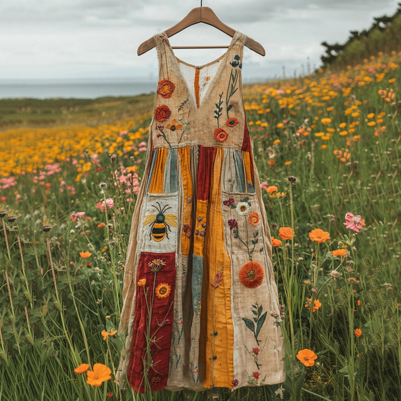 Bee Wildflower Floral Embroidery Art Linen Tank Dress elevenforest
